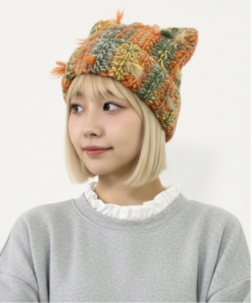 ニット帽 ニットキャップ 「HIKA」マルチストライプMIX編み猫耳ニット