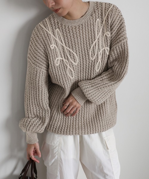ニット セーター コード刺繍ニットプルオーバー レディース