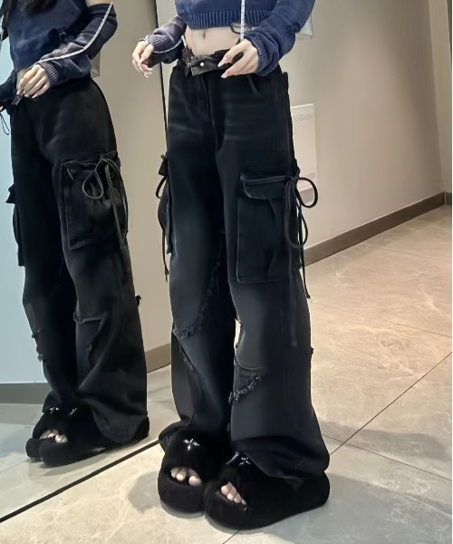 lilful ワイドパンツ ジーンズ デニム デニムパンツ スターダメージ 