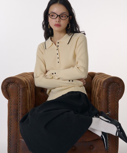 ポロシャツ ポロ リブニットポロシャツ / Ribbed Knit Polo Shirt レディース MUHET ポロシャツ ポロ ribbed knit polo / リブニットポロ