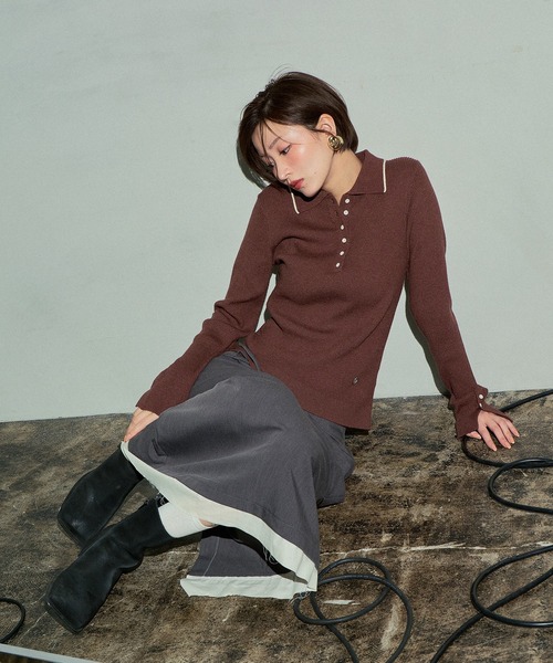ポロシャツ ポロ リブニットポロシャツ / Ribbed Knit Polo Shirt レディース MUHET ポロシャツ ポロ ribbed knit polo / リブニットポロ