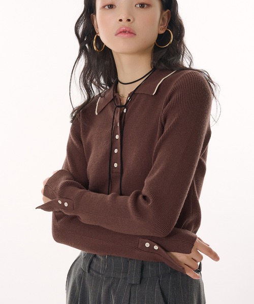 ポロシャツ ポロ Ribbed Knitted Shirt／リブニットポロシャツ レディース MUHET ポロシャツ ポロ ribbed knit polo / リブニットポロ