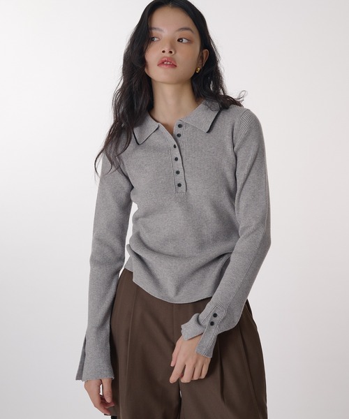 ポロシャツ ポロ Ribbed Knitted Shirt／リブニットポロシャツ レディース MUHET ポロシャツ ポロ ribbed knit polo / リブニットポロ
