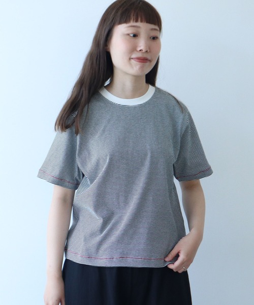 tシャツ ミジンボーダー袖口リブTシャツ レディース セール】ミジンボーダー袖口リブTシャツ（Tシャツ/カットソー