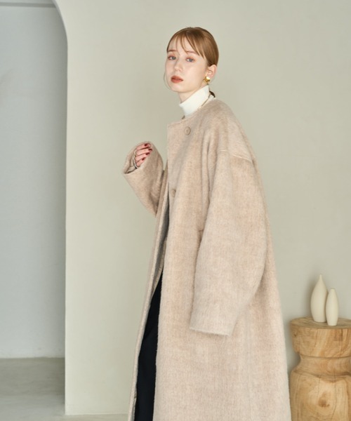 hinari ノーカラーシャギーロングコート ベージュ hinari（ヒナリ） ノーカラーコート FREE ベージュ レディース