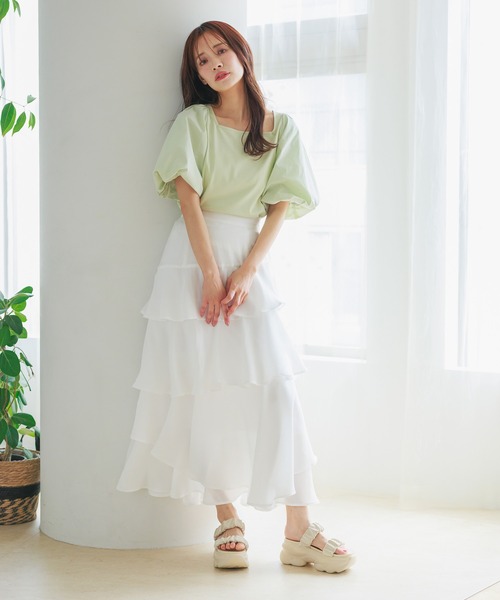 新品タグ付き　３段ティアードスカートライトグレーPSサイズ mysty woman スカート アシメティアードスカートライト 491363