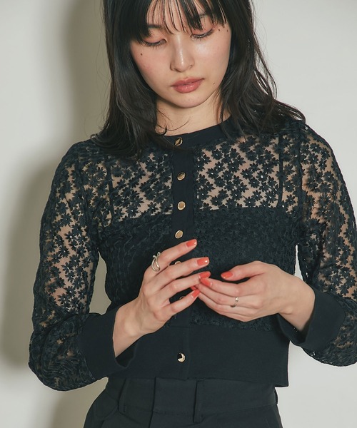 【極美品】ノコオーノ　長袖カーディガン　フリルチュールレース　花柄刺繍 極美品】ノコオーノ 長袖カーディガン フリルチュールレース 花柄刺繍