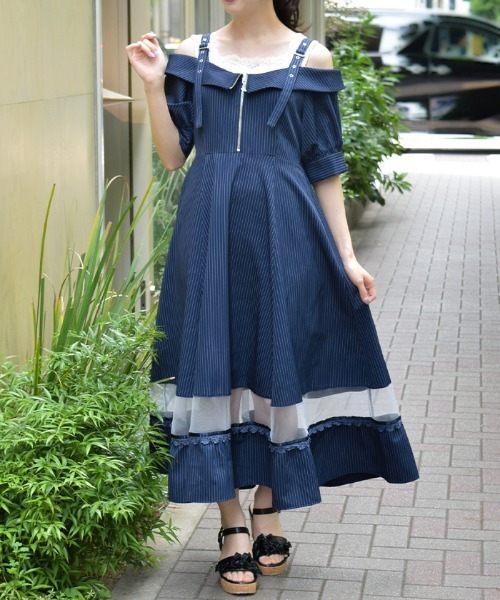 axes femme アクシーズファム オフショル風ストライプワンピース axes femme ワンピース オフショル風ストライプワンピース