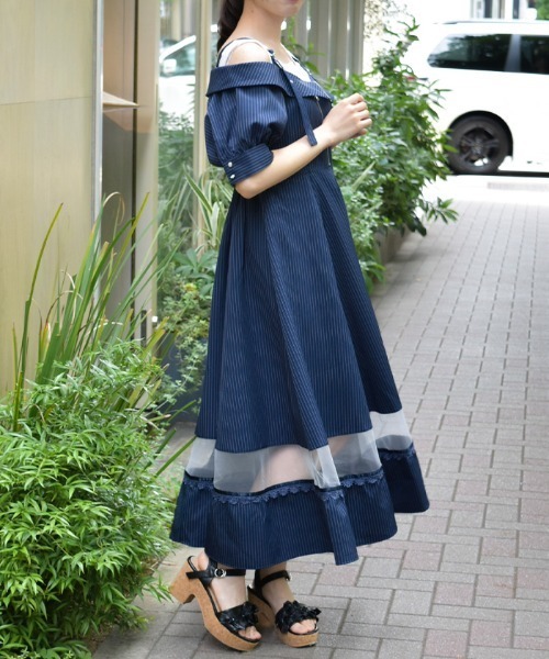 トリコロールアクセント ワンピース ストライプ ドレス axes femme ワンピース オフショル風ストライプワンピース