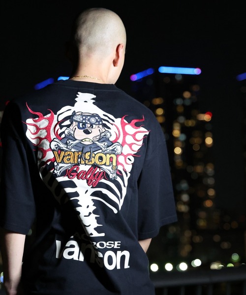 【VANSON × JACK ROSE】ヒッコリーストライプ 半袖シャツ スカル GALFY（ガルフィー） tシャツ JACKROSE×VANSON×GALFY-骨犬Tee メンズ
