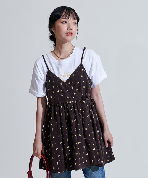 キャミソール カントリーフラワー コーデュロイ カシュクールキャミソール「セットアップ対応」/小花柄 FREAK'S STORE キャミソール カントリーフラワー コーデュロイ