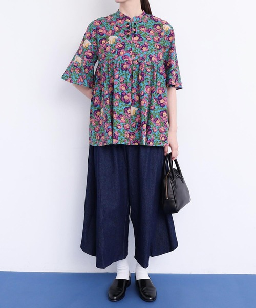 ブラウス シャツ Arctic Flower スタンドカラーブラウス レディース antiqua フレアシャツ シャツ レディース トップス 長袖 送料