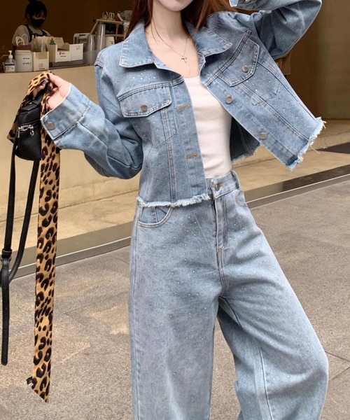 FAVORITO セットアップ キラキラビジューデニムショートジャケット+