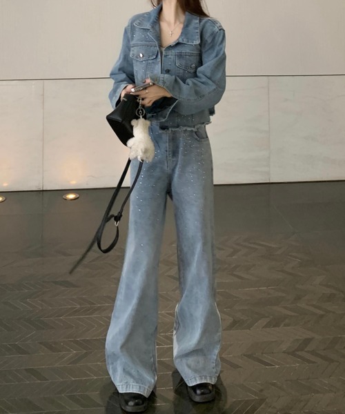 FAVORITO セットアップ キラキラビジューデニムショートジャケット+