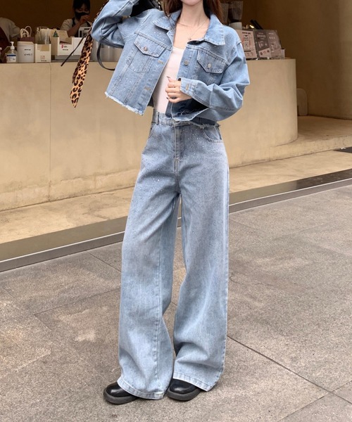 美品★スーパービューティー★デニム風ビジュージャケット42 ビジューオーバーサイズデニムジャケット[品番：MKSW0053042