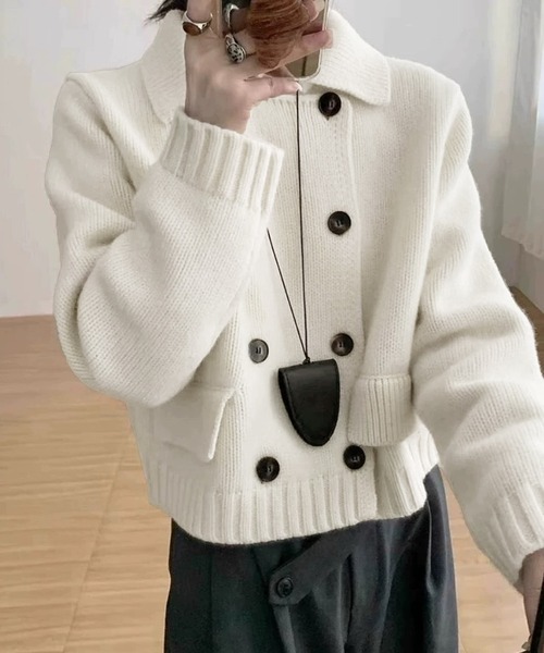 カーディガン 襟付きダブルボタンニットカーディガン レディース