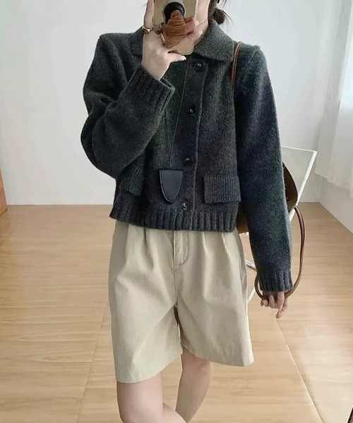 カーディガン 襟付きダブルボタンニットカーディガン レディース