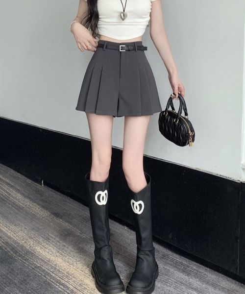Lips パンツ ミニスカート見えで脚長効果！ハイウエストプリーツ
