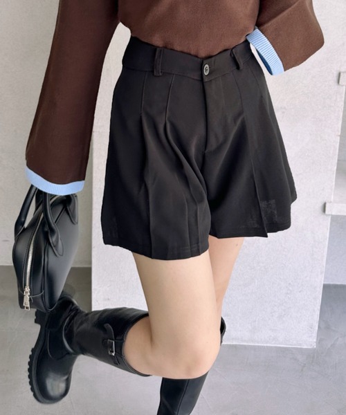 Lips パンツ ミニスカート見えで脚長効果!ハイウエストプリーツ Lips パンツ ミニスカート見えで脚長効果!ハイウエストプリーツ