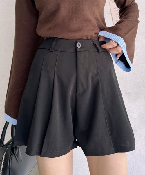 Lips パンツ ミニスカート見えで脚長効果！ハイウエストプリーツ