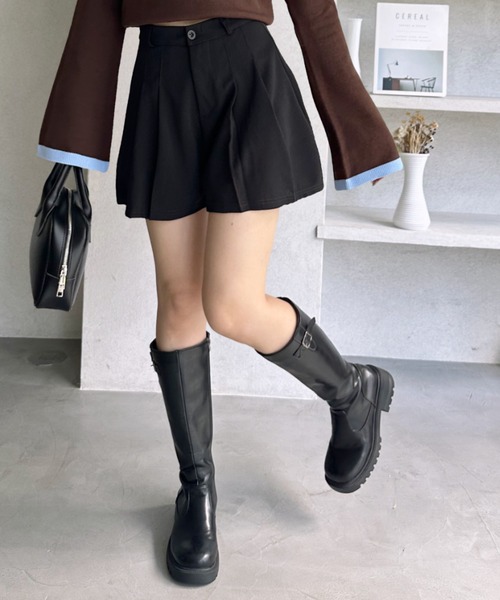 Lips パンツ ミニスカート見えで脚長効果！ハイウエストプリーツ