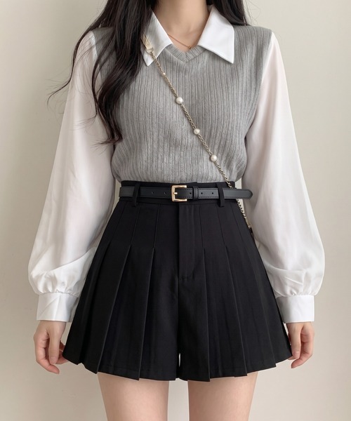 Lips パンツ ミニスカート見えで脚長効果！ハイウエストプリーツ
