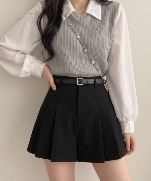 Lips パンツ ミニスカート見えで脚長効果！ハイウエストプリーツ