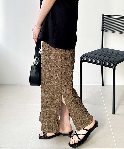 ロング スカート スリット入りレース見えジャガードロングタイトスカート | GeeRA | 15