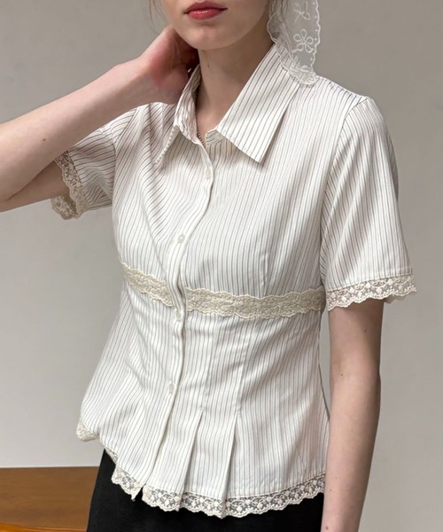 hazyl ブラウス シャツ 半袖 lace pleats shirt / レースプリーツ 