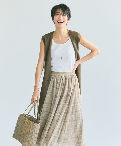 【洗える】グレンチェック ロングジレ 自由区 ベスト ジレ 「洗える」グレンチェック ロングジレ