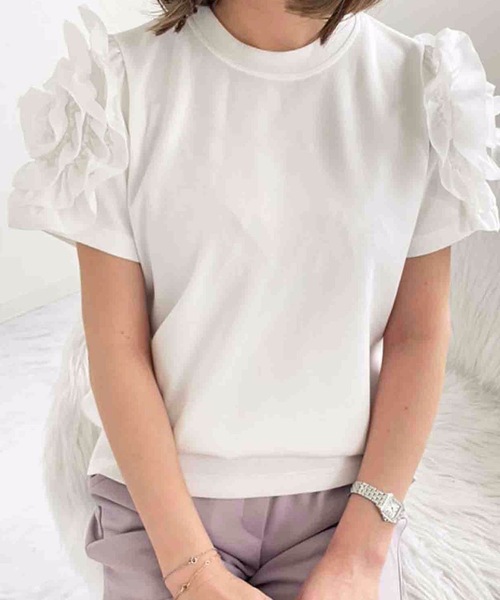 yori フリルデザイン 半袖Tシャツ Myu tシャツ デザインフリルスリーブ半袖Tシャツ ブラウス プル