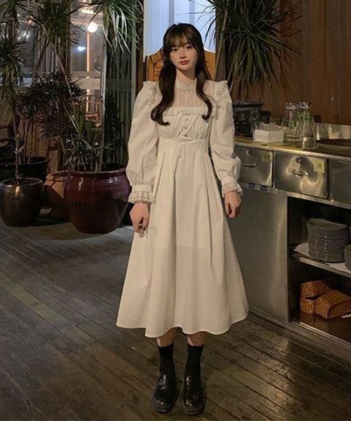 ドレス ワンピース レース ロング 長袖 パフスリーブ 無地 ワンピース きれいめレース切り替え パフスリーブ フリル ロング