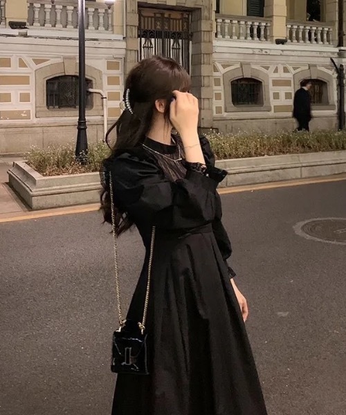 半袖パフスリーブ レース ロングワンピース r-879 GIRL｜パフスリーブ総レースロング丈 結婚式 ワンピース