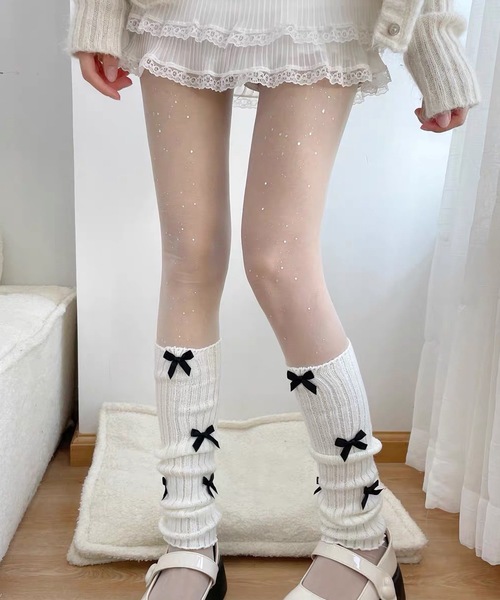 shopnikoniko レッグウォーマー リボン付き ルーズソックス 靴下