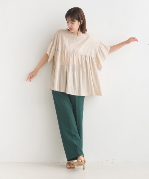 【a282】アルマーニ コレツォーニ 半袖 ギャザー ブラウス L ボーダー OMNES（ファッション） ブラウス シャツ コットンドビーギャザー