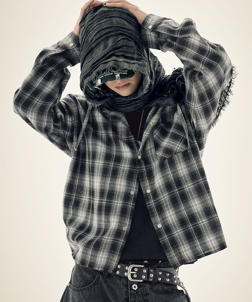 シャツ オンブレチェックパールドットボタンフードシャツパーカー