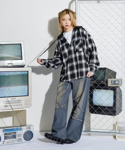 シンプル ルーズ オーバーサイズ チェックシャツ フードシャツ シャツ ルーズシルエット/ヴィンテージ加工オンブレチェック