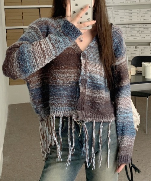 MARINA RINALDI インポート古着 フリンジ ニットカーディガン MARINA RINALDI インポート古着 フリンジ ニットカーディガン