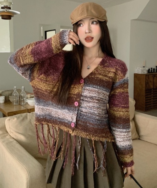 MARINA RINALDI インポート古着 フリンジ ニットカーディガン MARINA RINALDI インポート古着 フリンジ ニットカーディガン