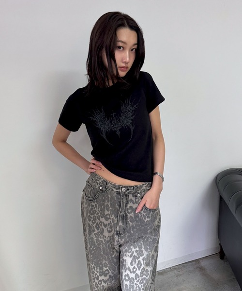 未使用！goa ナチュラルヴィンテージTシャツ✮半袖フェザー柄✮平成ギャルy2k tシャツ ルーズシルエットマルチグラフィックヴィンテージ加工