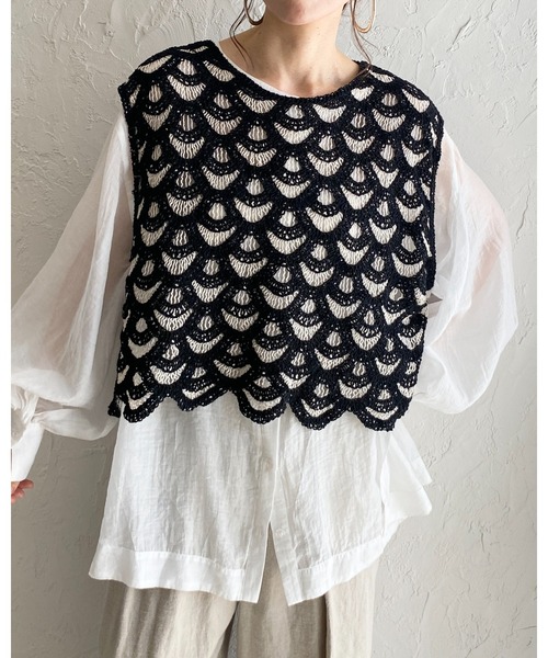 She's Closet ベスト ジレ ショート丈トーションレースかぎ編み
