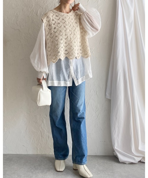 ベスト ジレ コットン クロシェ ベスト レディース She's Closet ベスト ジレ ショート丈トーションレースかぎ編み