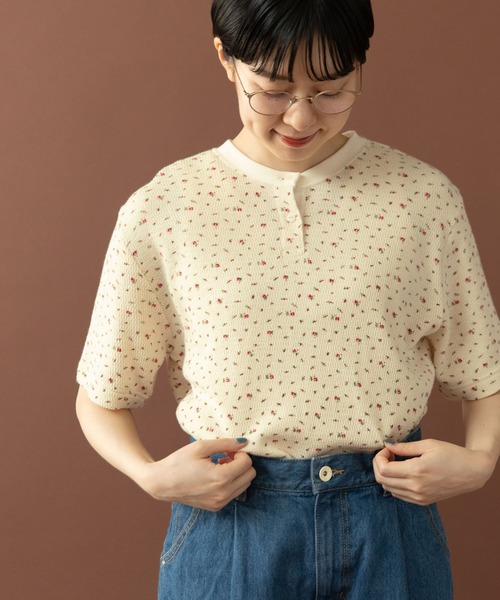 tシャツ USEDサーマル小花プリント ヘンリーネックTシャツ レディース
