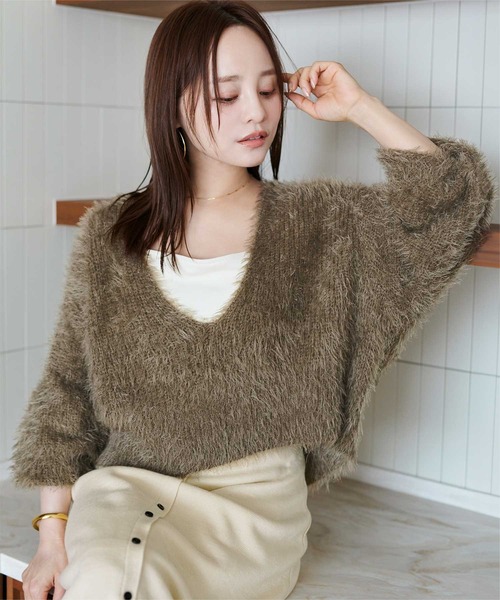 Plage シャギーVネックニット 黒 natural couture ニット セーター Vネックシャギーニットプルオーバー