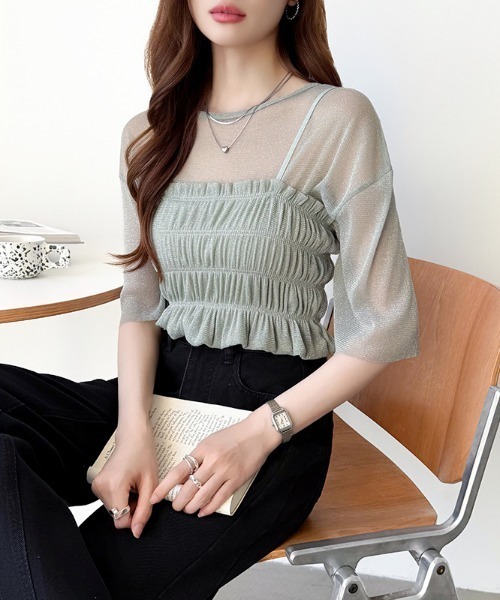 tシャツ 「2点セット」ラメシアートップス シャーリングキャミソール アンサンブル セット シアートップス 半袖 ビスチェ キャミソール 夏服 レディ
