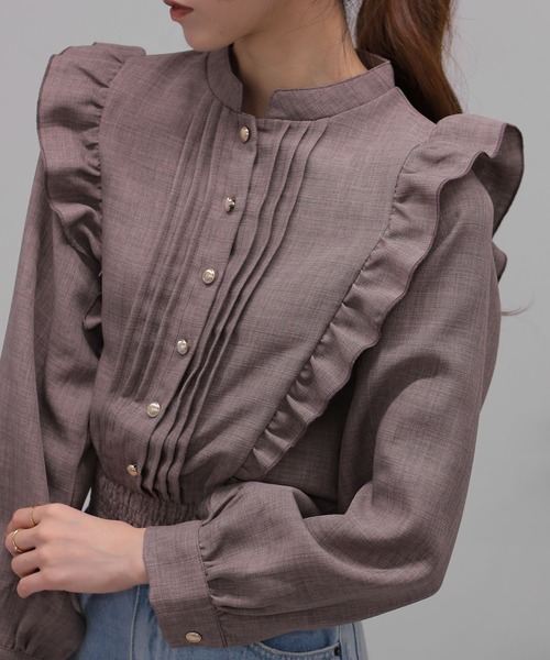 カネコイサオピンクハウスピンタックピンタックフリル付き長袖シャツブラウスブラウン カネコイサオピンクハウスピンタックピンタックフリル付き長袖シャツ