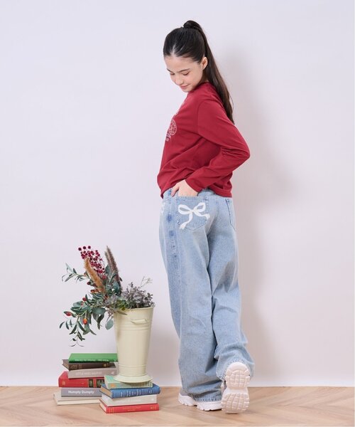 半額以下！★新品タグ付★ポンポネットジュニア　デニムパンツ L2024年秋冬物 pom ponette junior（ポンポネット ジュニア） パンツ リボンプリント