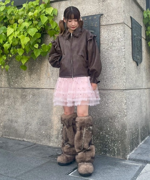 レザージャケット ライダース RIBBON ＆ PUFF LEATHER ジャケット レディースの画像
