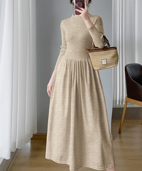 LOWO ワンピース モックネック フレア ニットワンピース ロング丈 冬