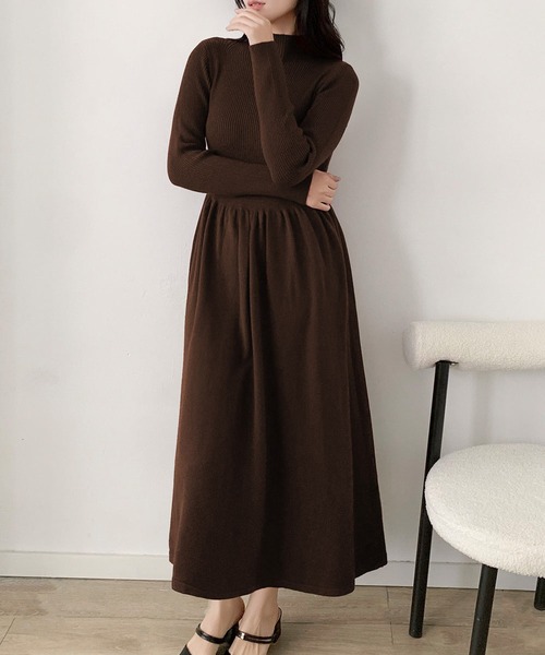 LOWO ワンピース モックネック フレア ニットワンピース ロング丈 冬